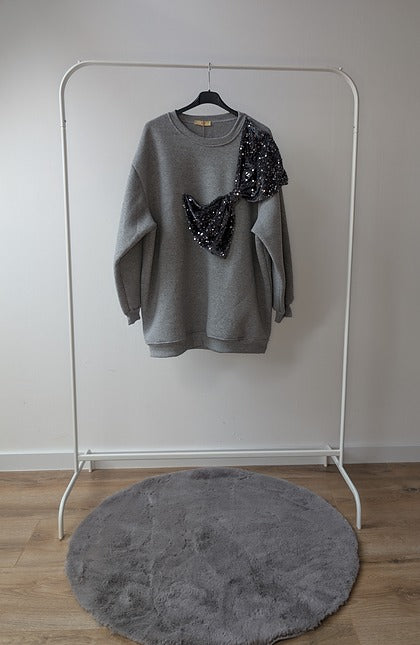 Oversized Sweater met Pailletten Strik – Grijs