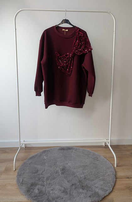 Oversized Sweater met Pailletten Strik – Bordeaux