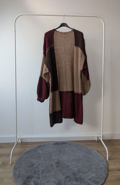 Gebreid Patchwork Vest – Bruin & Bordeaux rood