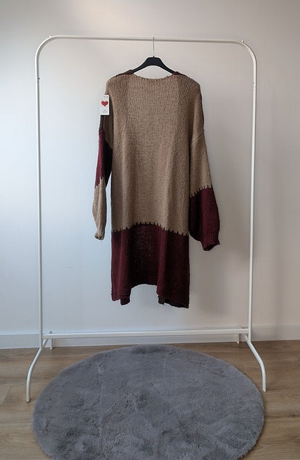 Gebreid Patchwork Vest – Bruin & Bordeaux rood