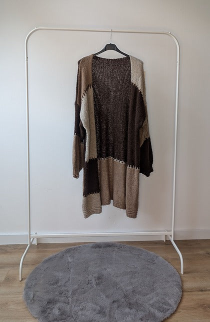 Gebreid Patchwork Vest – Donkerbruin & Beige