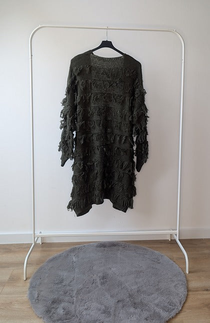 Chunky Fringe Cardigan – Donkergroen