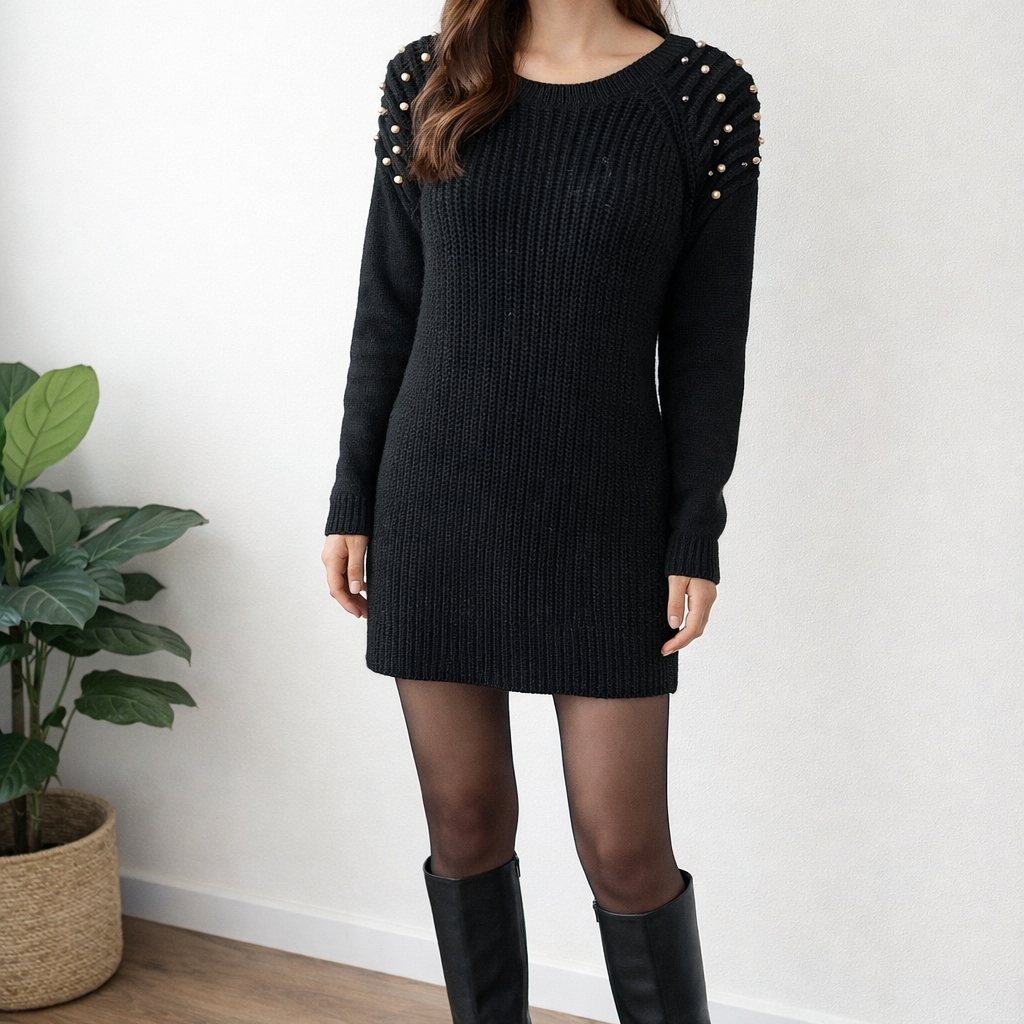 Zwarte Gebreide Jurk met Pareldetails – Elegant & Trendy