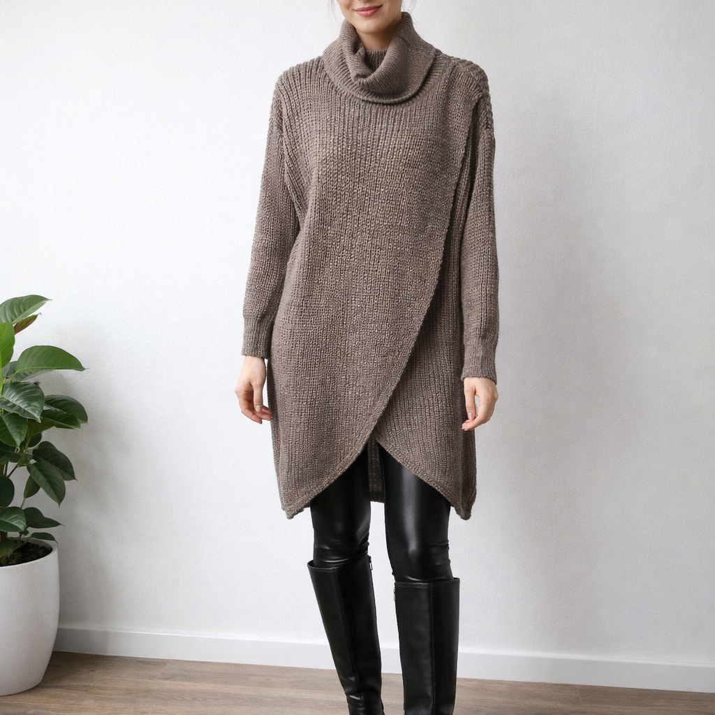 Gebreide Jurk Taupe met Col – Elegant & Warm